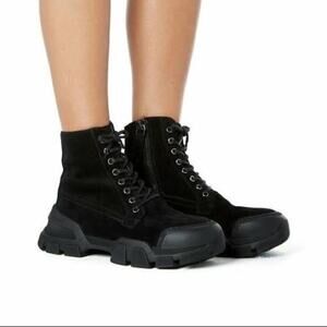 AQUATALIA Women's 11 Boot Black Suede EVVIE COMBAT Weatherproof Chunky